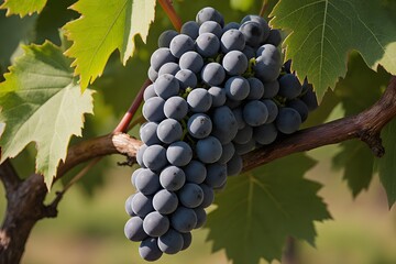 Fresh bunch of dark grapes hanging on a vine with green leaves in a vineyard