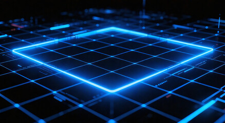 Neon blue grid background with glowing lines and dots