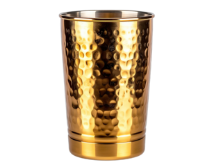 Polished gold metallic drinking tumbler, textured with a dimpled pattern against a dark backdrop
