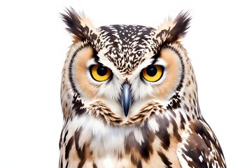 Obraz premium Intense portrait of a great horned owl with piercing eyes on white