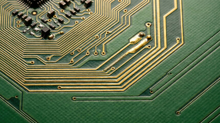 Macro electronic circuit board with gold traces and green pcb