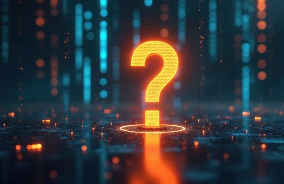 Glowing orange question mark hovers over dark digital background with blue and orange lights. Concept for tech uncertainty, digital problem solving, and seeking information.