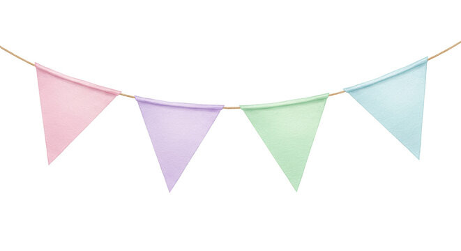 Triangular watercolor bunting flags in soft pastel pink, lavender, mint, and blue, strung on a line, against a white background with copy space, concept of festive cheer