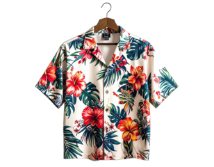 A vibrant short-sleeved shirt with a tropical floral pattern hanging from a wooden clothes hanger