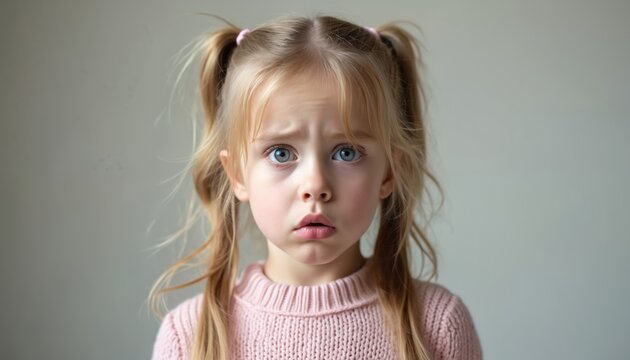 Blond little girl with pigtails looks unhappy and confused. Her mouth is slightly open and her eyebrows are furrowed in worried expression. She wears pink knitted sweater, isolated on grey background.