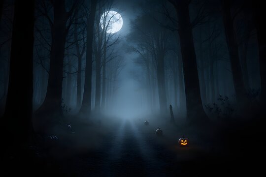 Eerie moonlit forest path illuminated by glowing jack-o'-lanterns - Powered by Adobe