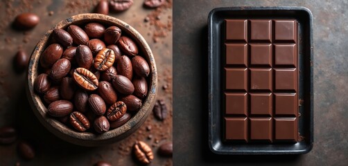 Whole roasted cocoa beans fill wooden bowl next to dark chocolate bar on tray. Rich brown confectionery ingredients ready for gourmet preparation. Sweetness from cacao plant.