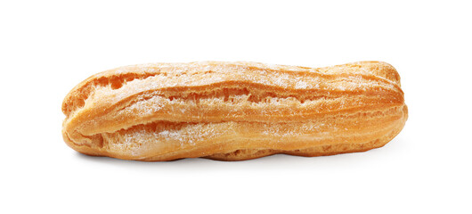 Tasty eclair with powdered sugar isolated on white