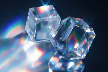Translucent ice cubes display vibrant spectral colors in refraction on reflective surface