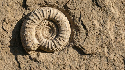 Ancient fossilized ammonite spiral on rough sandstone texture