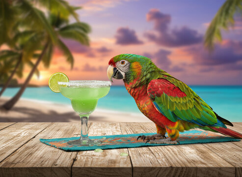 Colorful Parrot Enjoying Margarita on Tropical Beach at Sunset