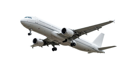 A sleek metallic silver commercial passenger jet, landing gear extended, angled upwards, isolated against a transparent studio background with precise lighting. Concept for global air travel