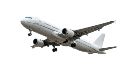 A sleek metallic silver commercial passenger jet, landing gear extended, angled upwards, isolated against a transparent studio background with precise lighting. Concept for global air travel