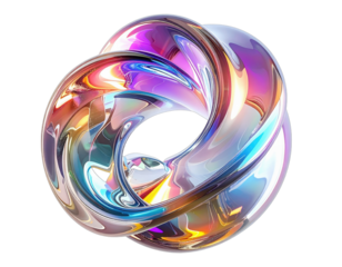 A 3D rendered abstract design featuring swirling, iridescent shapes