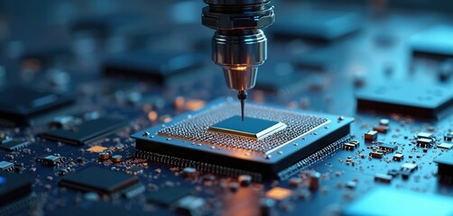 Automated robotic arm crafts microchip on circuit board. Precision manufacturing creates advanced computer hardware. Modern tech assembly line, digital future concept.