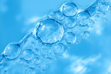Close up of many blue water bubbles suspended in a stream of liquid