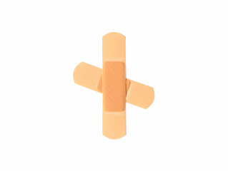Two adhesive bandages crossed isolated on white background to cover and protect minor cuts and scrapes, first aid for injuries and wounds