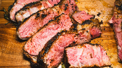 Côte de boeuf (Ribeye steak) on a wooden board, perfectly seared with spice rub outside and rare inside. Juicy, flavorful, and expertly cooked. The ideal premium steak presentation.