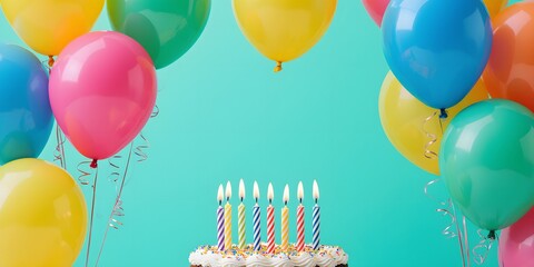 Colorful balloons and a birthday cake with lit candles create a festive atmosphere