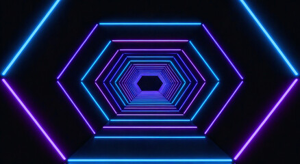 Vibrant neon hexagonal tunnel with blue and purple lights