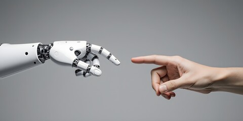 Human and artificial intelligence reach out to each other with their index fingers
