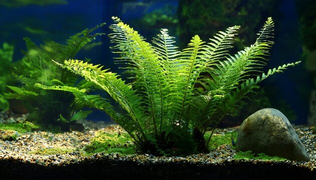 Beautiful Java Fern In Tropical Freshwater Planted Aquarium Aquascape Near Frodo Stone Close Up