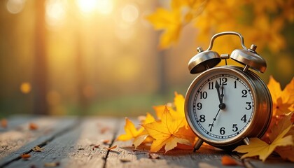 Retro alarm clock rests on weathered wooden planks in bright yellow autumn leaves. Soft warm sunlight filters through trees creating a peaceful, cozy atmosphere. Time concept.