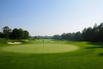 Scenic view of a lush green golf course under a clear sky on a sunny day