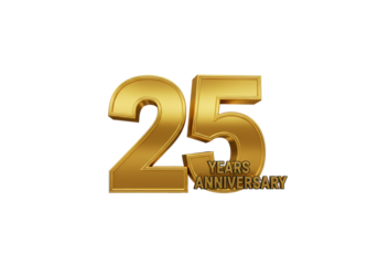 A prominent 3D golden '25' with reflective metallic gradient, 'YEARS ANNIVERSARY' stacked in bold black sans-serif, on a transparent background with copy space, concept of milestone celebration