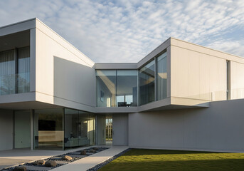 Modern architectural masterpiece featuring clean lines and expansive glass windows, showcasing a sleek, minimalist design for luxurious living