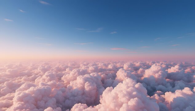 Aerial view of fluffy pink clouds meeting blue sky during sunset or sunrise - Powered by Adobe