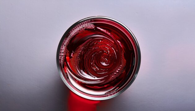 top down view of swirling dark red liquid in a small glass