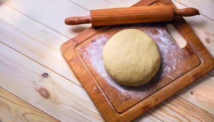 wooden cutting board with dough and rolling pin
