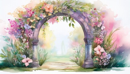 watercolor archway adorned with pastel flowers and foliage