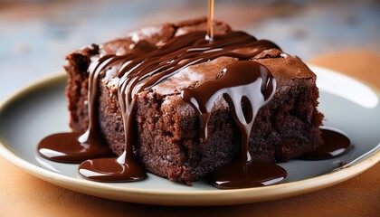 close up of a rich dark brownie drizzled with melted chocolate