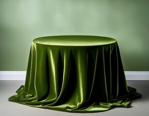 round olive green velvet tablecloth draped over a table