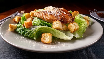 gourmet caesar crispy grilled chicken rests atop fresh romaine lettuce dusted with grated cheese and croutons captures indulgence freshness and appetizing culinary perfection
