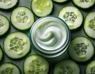 jar of creamy face cream surrounded by cucumber slices
