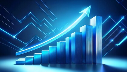 3d rendered blue bar graph with upward trend