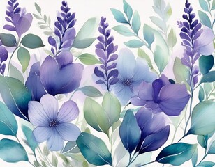 delicate vibrant floral print watercolor style blossoms in shades of lavender and light blue with muted green leaves create a repeating pattern on a white background