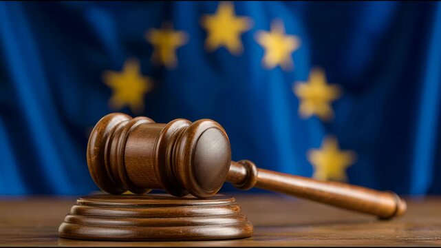 Gavel on Wooden Stand With European Flag in Background at Government Location Showcasing Justice and Law in Action