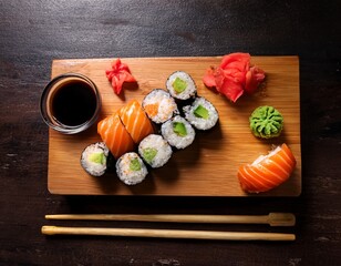 a wooden board displays colorful sushi rolls fresh wasabi and soy sauce on a rustic table the image captures culinary artistry freshness and inviting indulgence