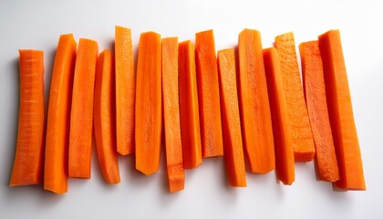 freshly cut carrot sticks arranged in a neat row on a white background