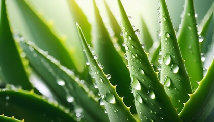 close up of aloe vera leaves wet with dew drops