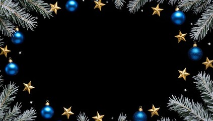 Festive frame composed of frosted pine branches and ornaments on black