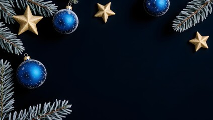Christmas composition featuring blue ornaments, gold stars and frosty pine branches on a dark surface
