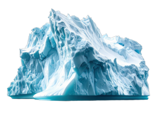 Large, blue-tinged iceberg isolated on a black background, with jagged, textured surfaces