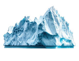 A large, glacial formation, floating on an unseen body of water, against a black background