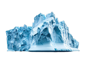 A colossal, translucent, icy structure against a stark black void. The iceberg is jagged and stunning