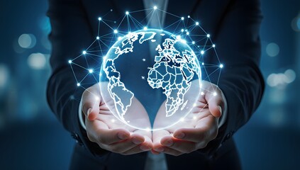 Global network connection held in human hands in front of a dark blue background